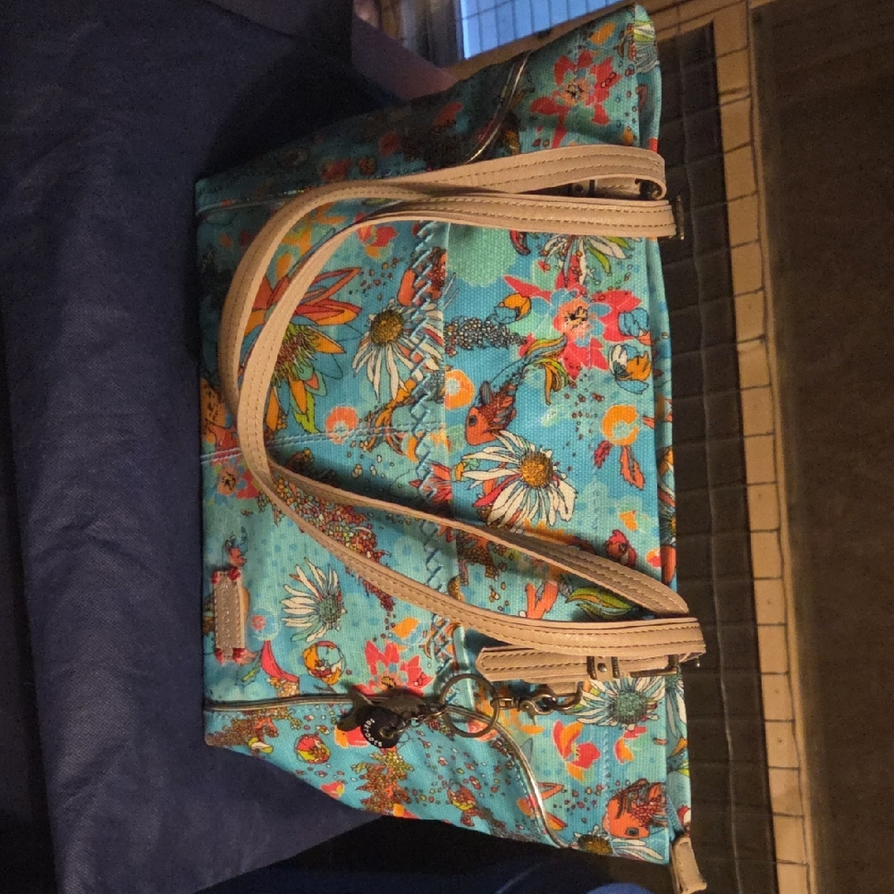 Floral Turquoise Tote Bag with Cream Straps